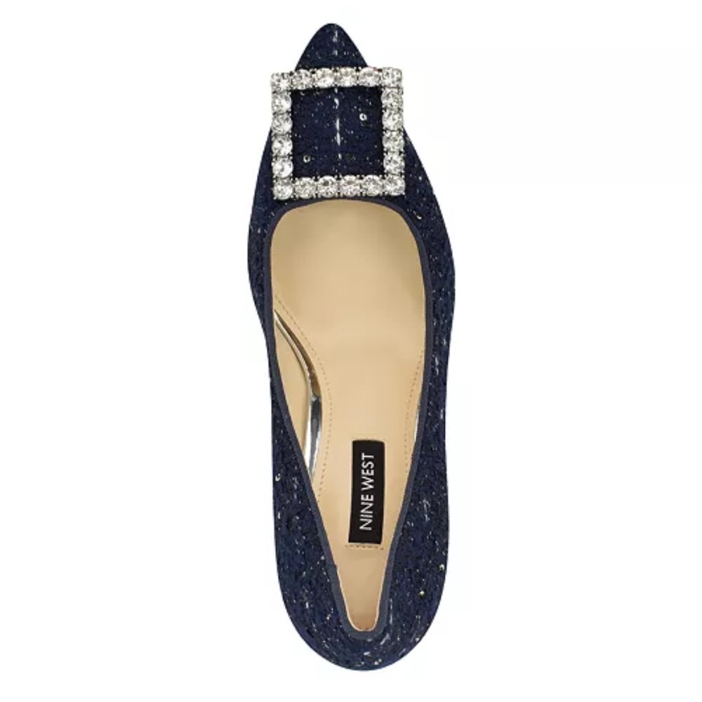 Nine West - Jacquee Navy Tweed Rhinestone Buckle Pointy Toe Kitten Heel Pump 8.5